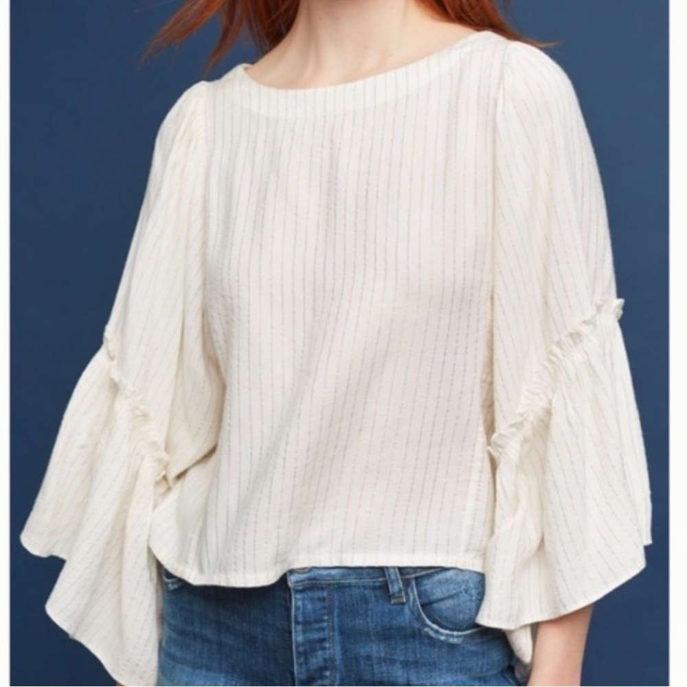 Anthropologie Floreat cream gold metallic Striped Bell Sleeve Blouse top sz Med